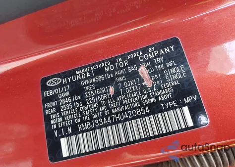 2017 Hyundai Tucson Se Plus из США, поврежденный, VIN KM8J33A47HU420854